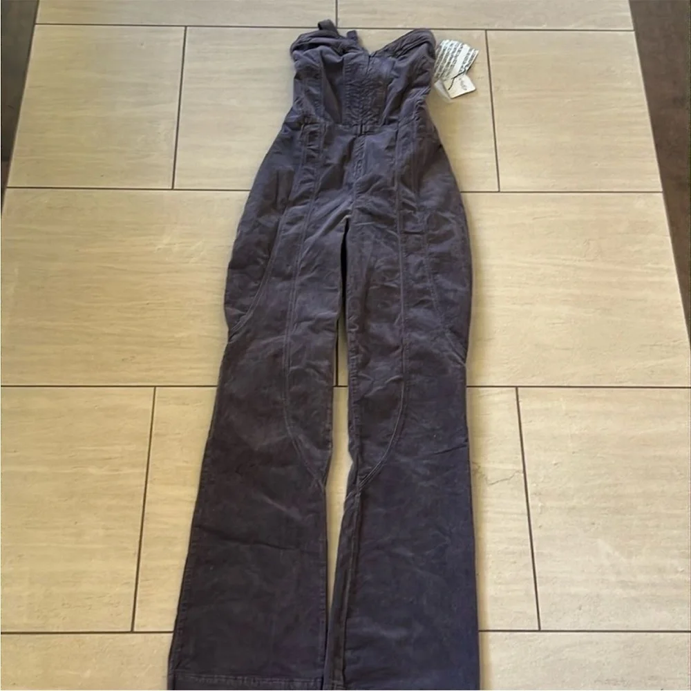 Free People How Low One-Piece Purple Velvet Overalls Vintage Style Low Back 4